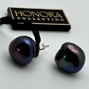 Honora Baroque Pearl Stud Earrings 925 Sterling Peacock Blue/Purple